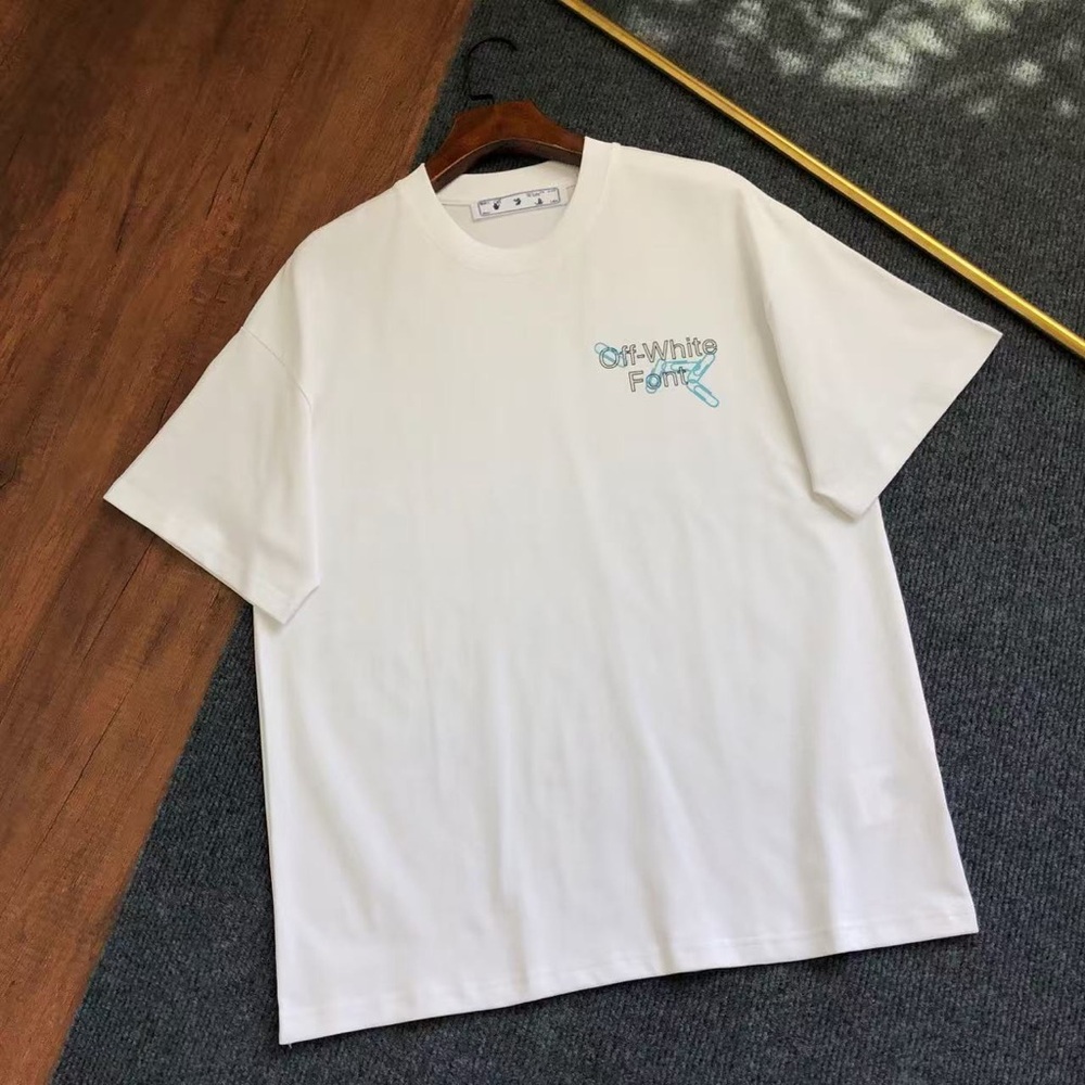 Off-White White Short Sleeve Crew T-Shirt with Light Blue Logo